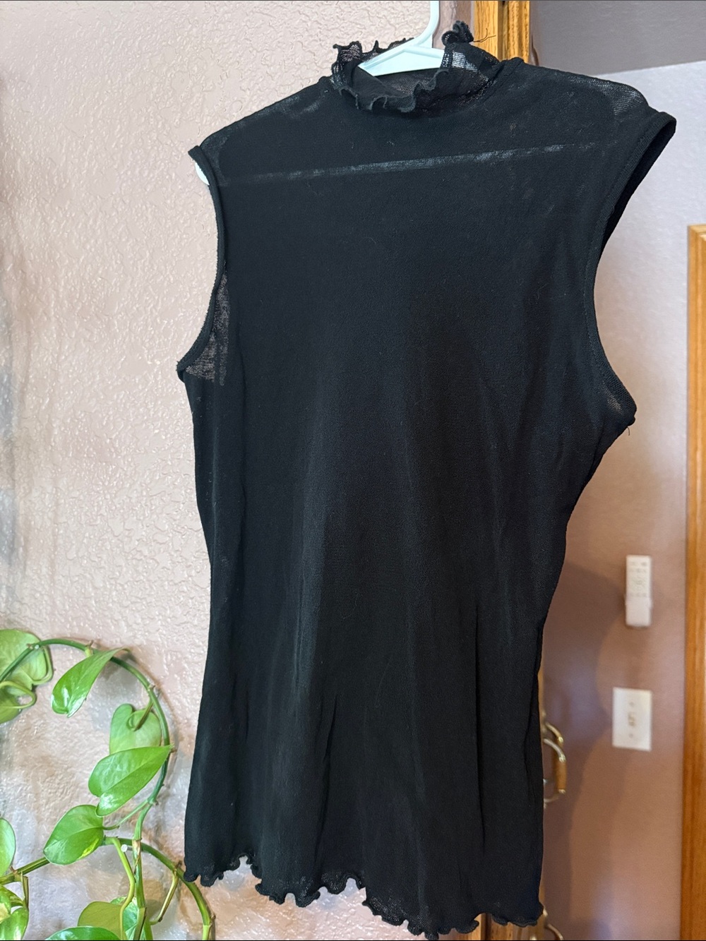 Women's Black Sleeveless Lace-Trim mesh Mock Neck Top